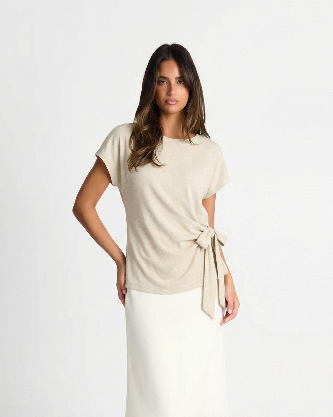 Bea | Tie Front Knit Matching Set Cream Short Sleeve