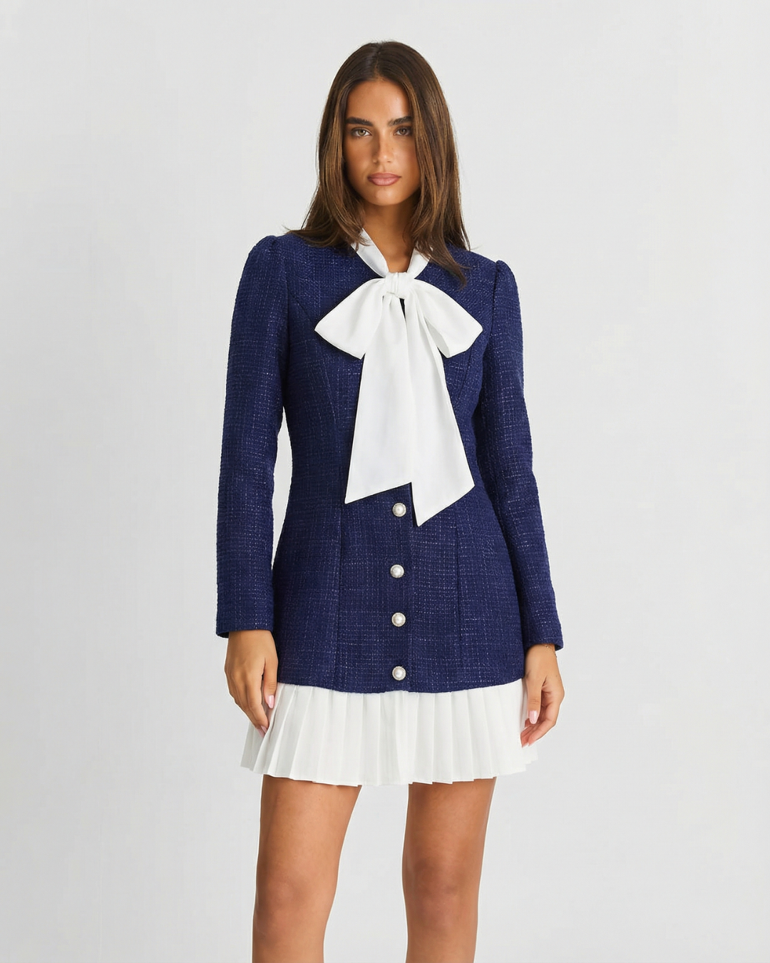 Flora | Elegant Pleated Blazer Dress Navy