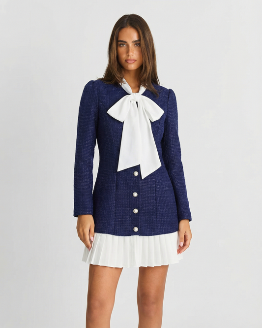 Flora | Elegant Pleated Blazer Dress Navy