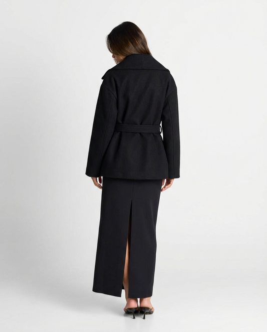 Demi | Elegant Black Belted Jacket Coat Wrap Collar Long Sleeve