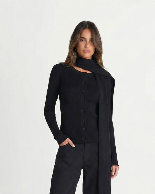 Margot | Ribbed Button Down Shirt Black Long Sleeve