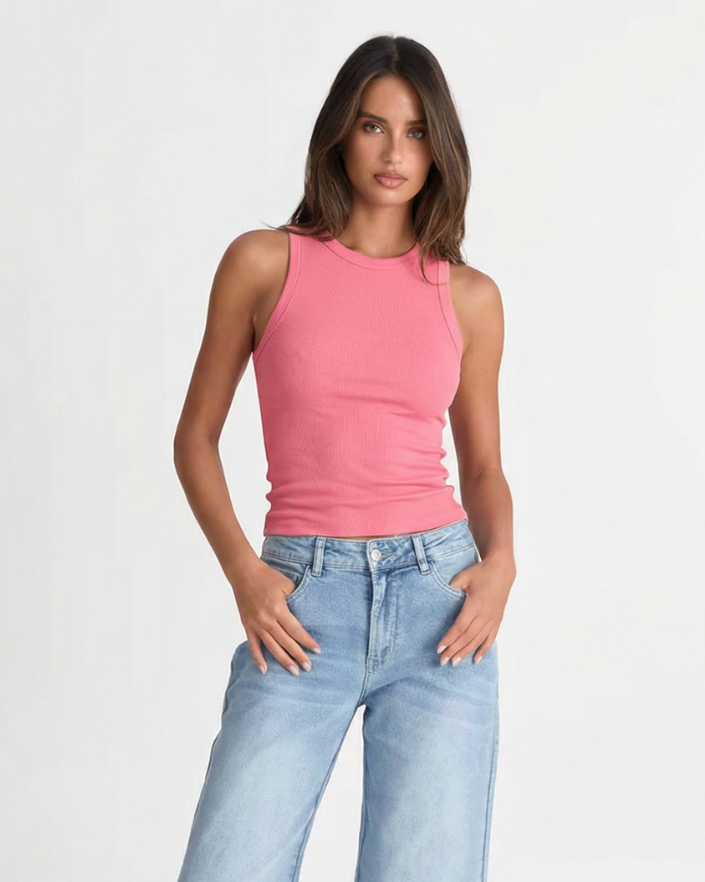 Sage | Summer Tank Top Pink Ribbed Sleeveless Fitted