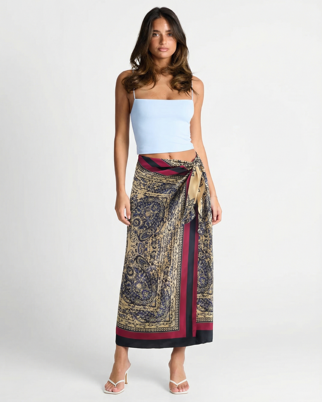 Noa | Summer Wrap Maxi Skirt Navy Printed Satin Tie