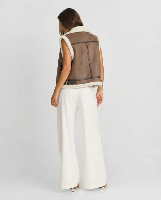 Vera | Faux Leather Sherpa Vest Brown Cream Sleeveless Zip Up