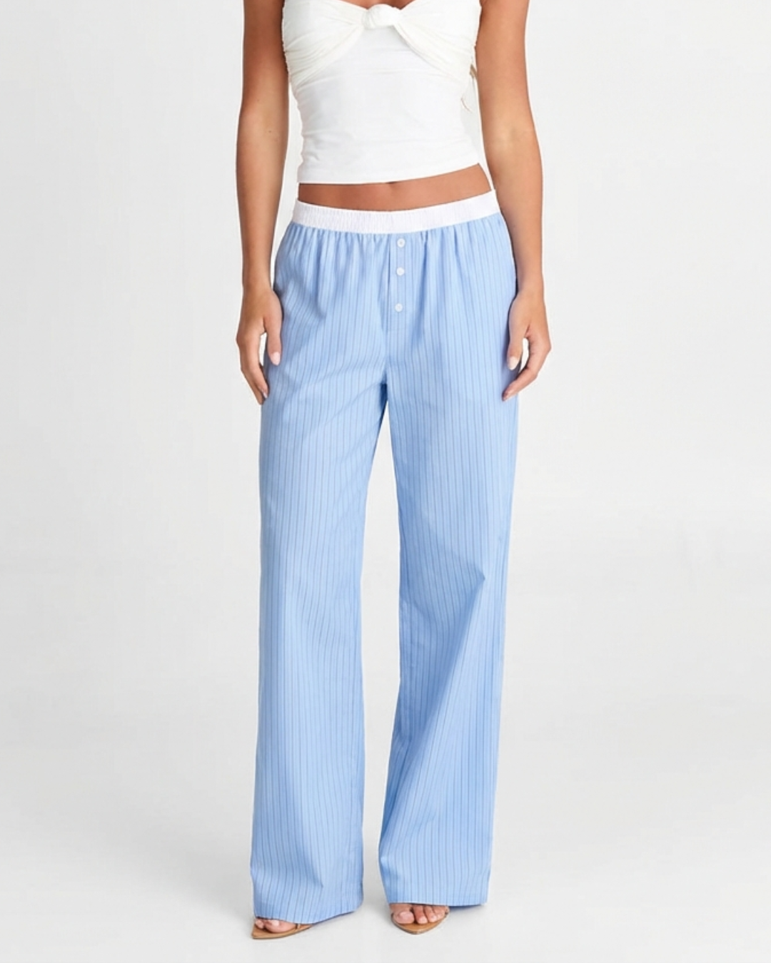 Xena | Casual Light Blue Striped Wide Leg Trousers Button Front