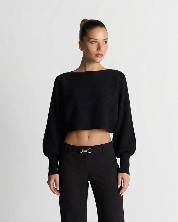 Uma | Black Blouse Long Sleeve Cropped Batwing Boat Neck