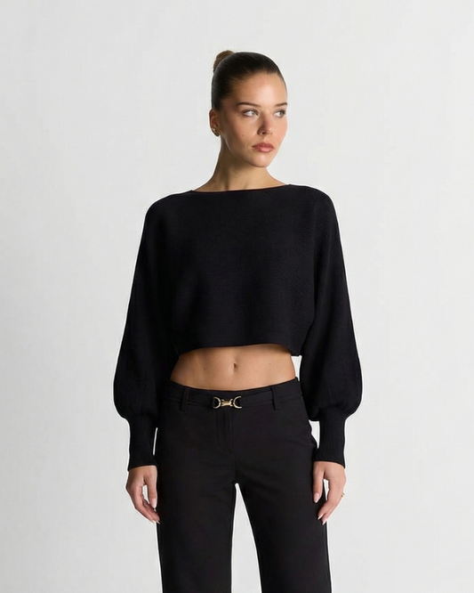 Uma | Black Blouse Long Sleeve Cropped Batwing Boat Neck