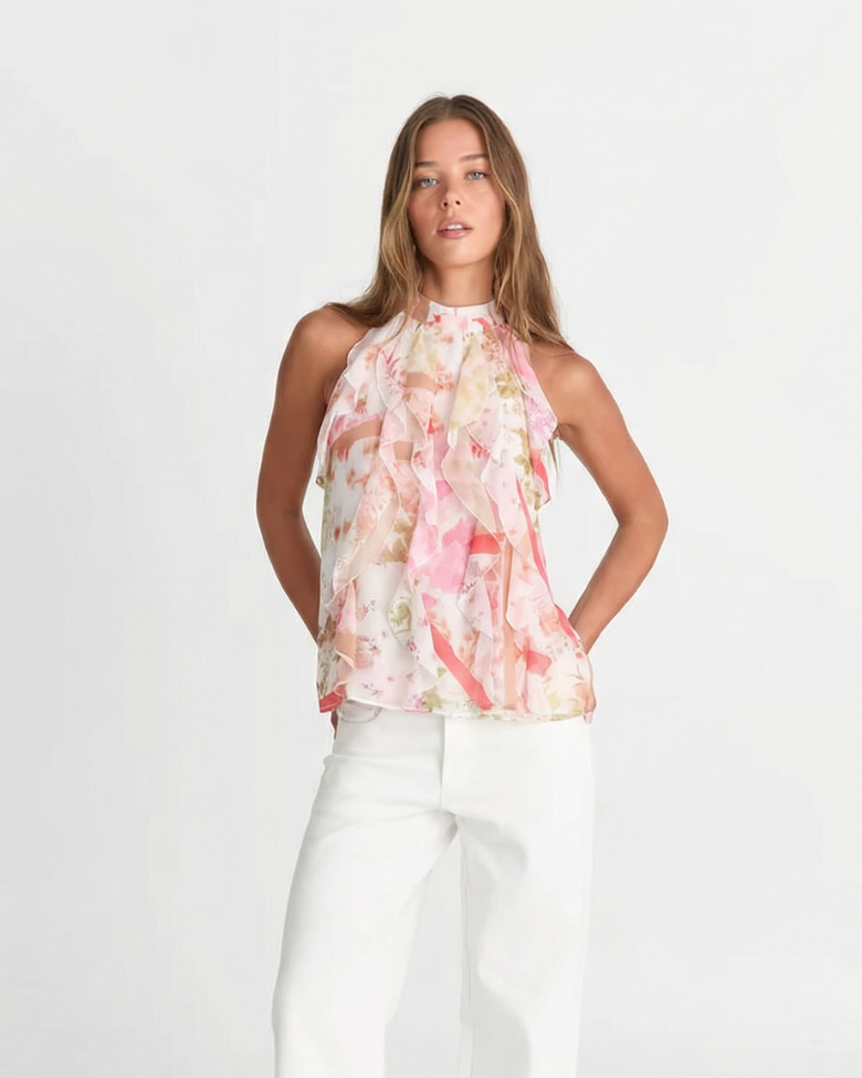 Lola | Elegant Halter Neck Top Pink Floral Chiffon Sleeveless Ruffle
