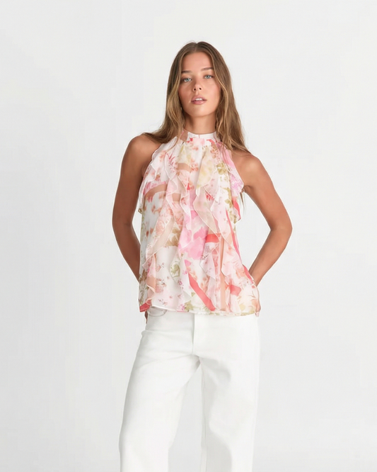 Lola | Elegant Halter Neck Top Pink Floral Chiffon Sleeveless Ruffle