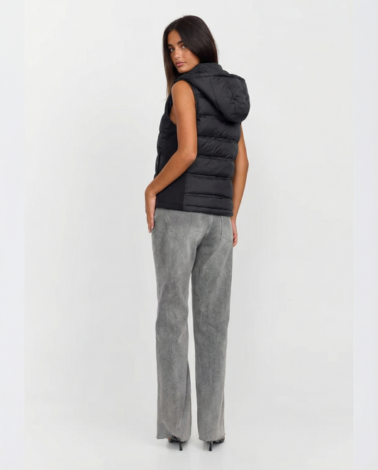 Vera | Puffer Vest Black Hooded Quilted Sleeveless Zip Up