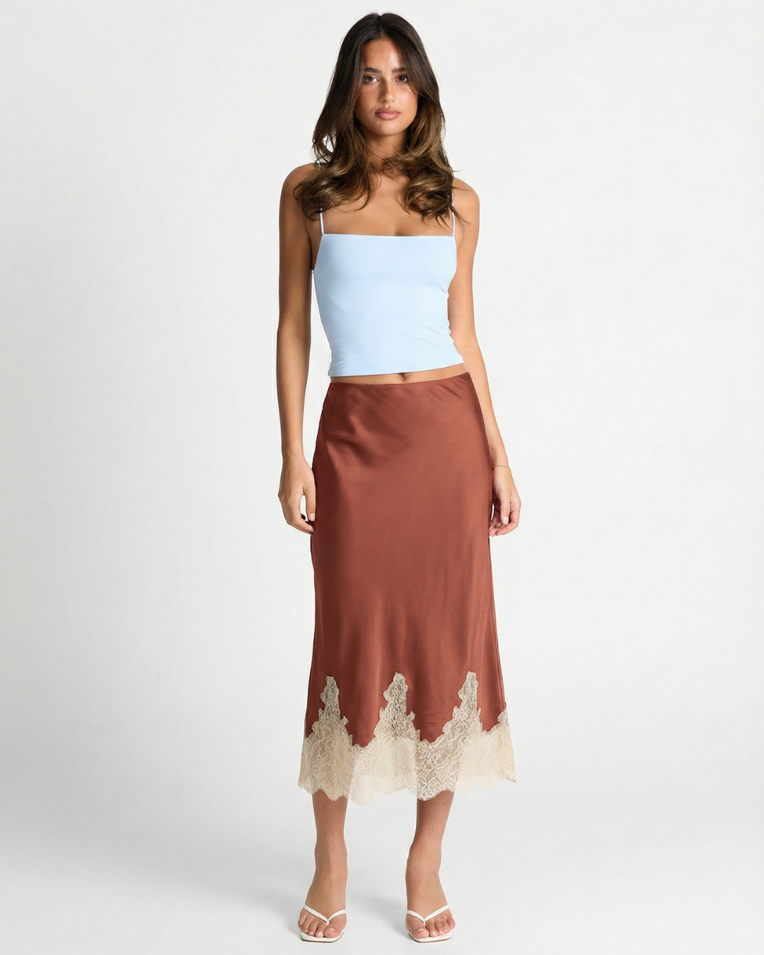 Etta | Satin Midi Skirt Brown Lace Trim