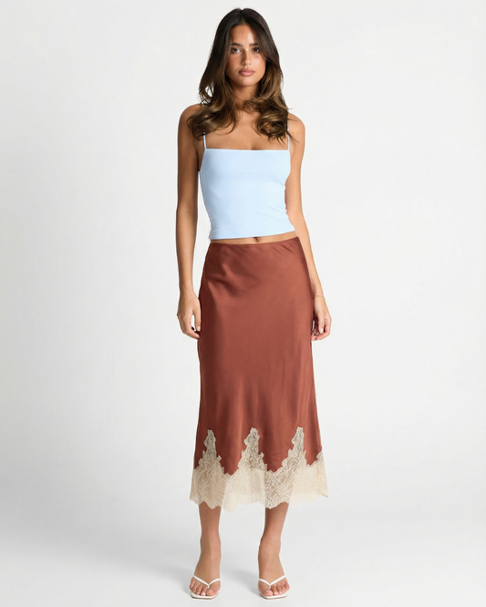 Etta | Satin Midi Skirt Brown Lace Trim