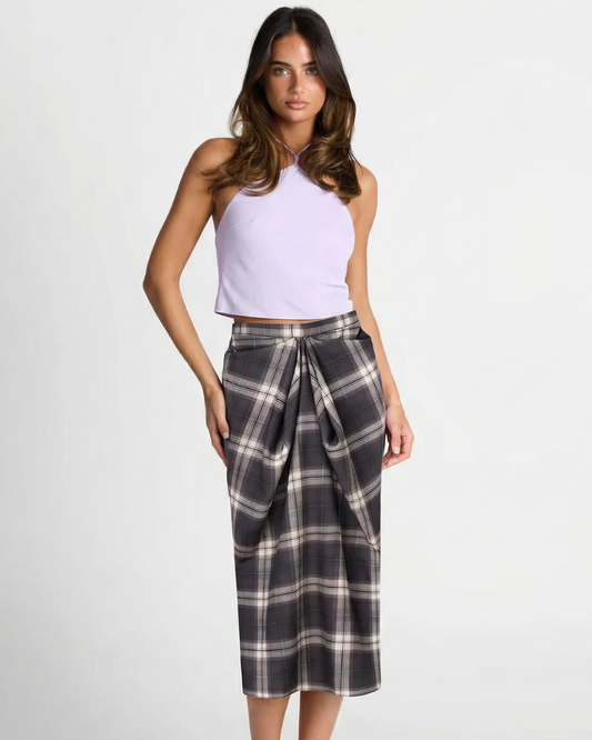 Elise | Check Midi Skirt Grey Wrap Tie Front