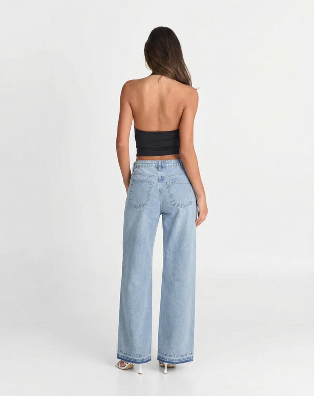 Esme | Wide Leg Jeans Light Blue High Waisted Crochet Panel Detail
