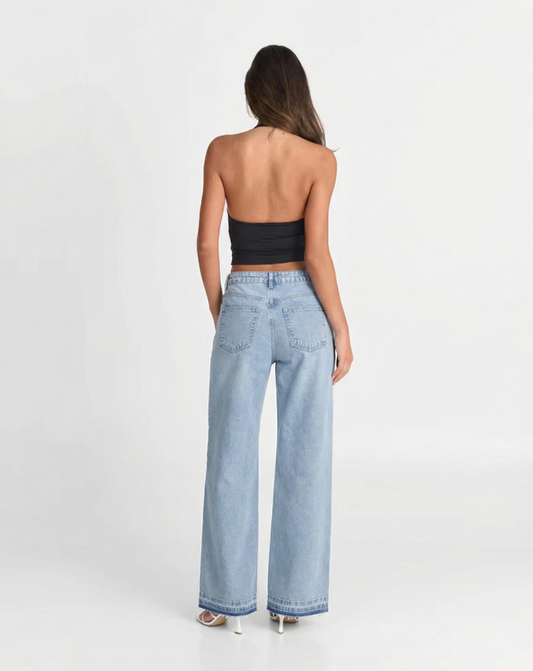 Thea | Wide Leg Jeans Light Blue High Waisted Crochet Panel