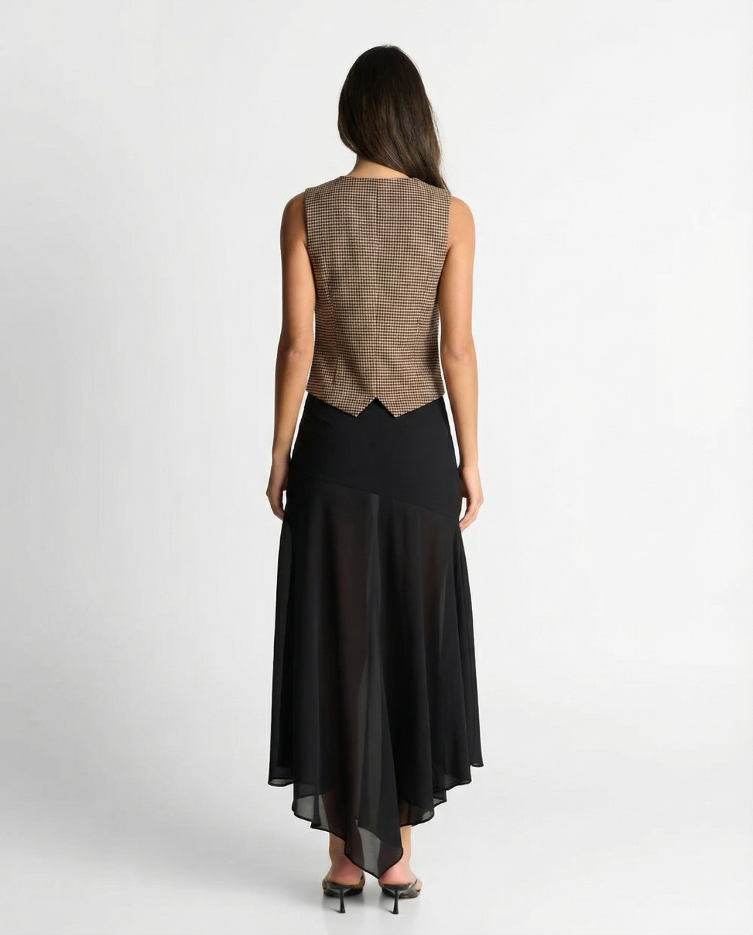 Maren | Houndstooth Check Blazer Vest Tan Button Front Sleeveless