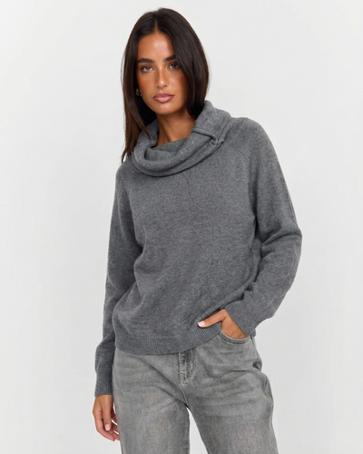 Ivy | Casual Cowl Neck Knitted Top Grey Long Sleeve