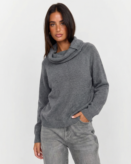 Ivy | Casual Cowl Neck Knitted Top Grey Long Sleeve