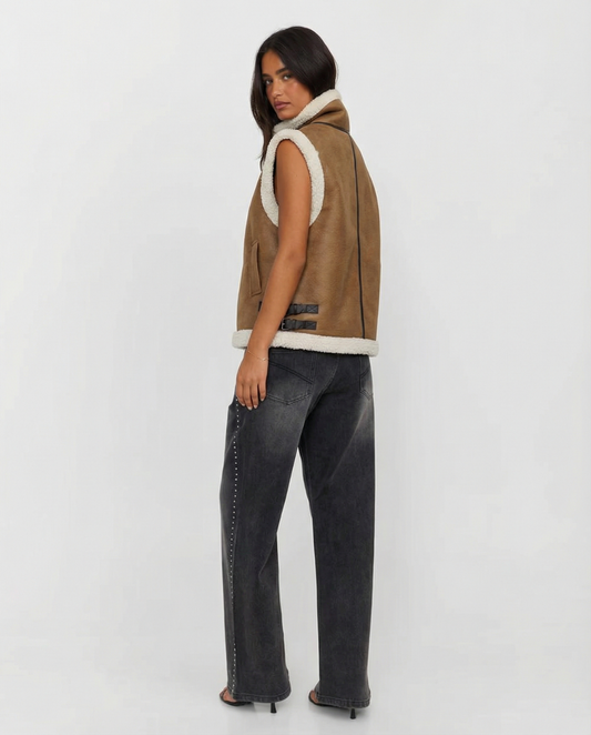 Margot | Sherpa Lined Vest Brown Cream Sleeveless Zip Up