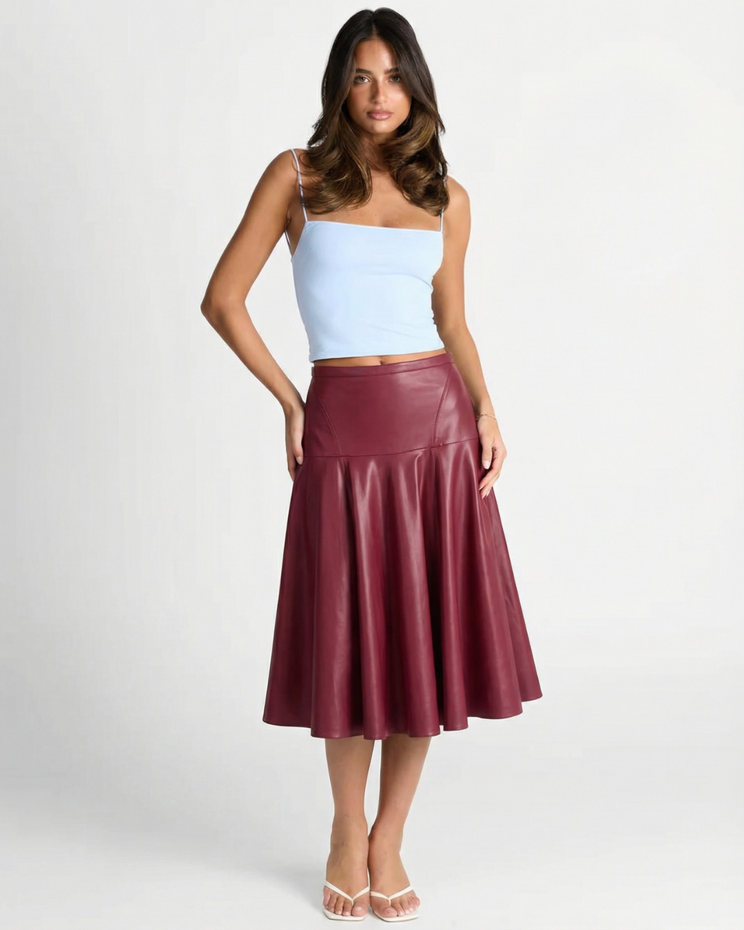 Suki | Leather Midi Skirt Red Flared A Line High Waisted