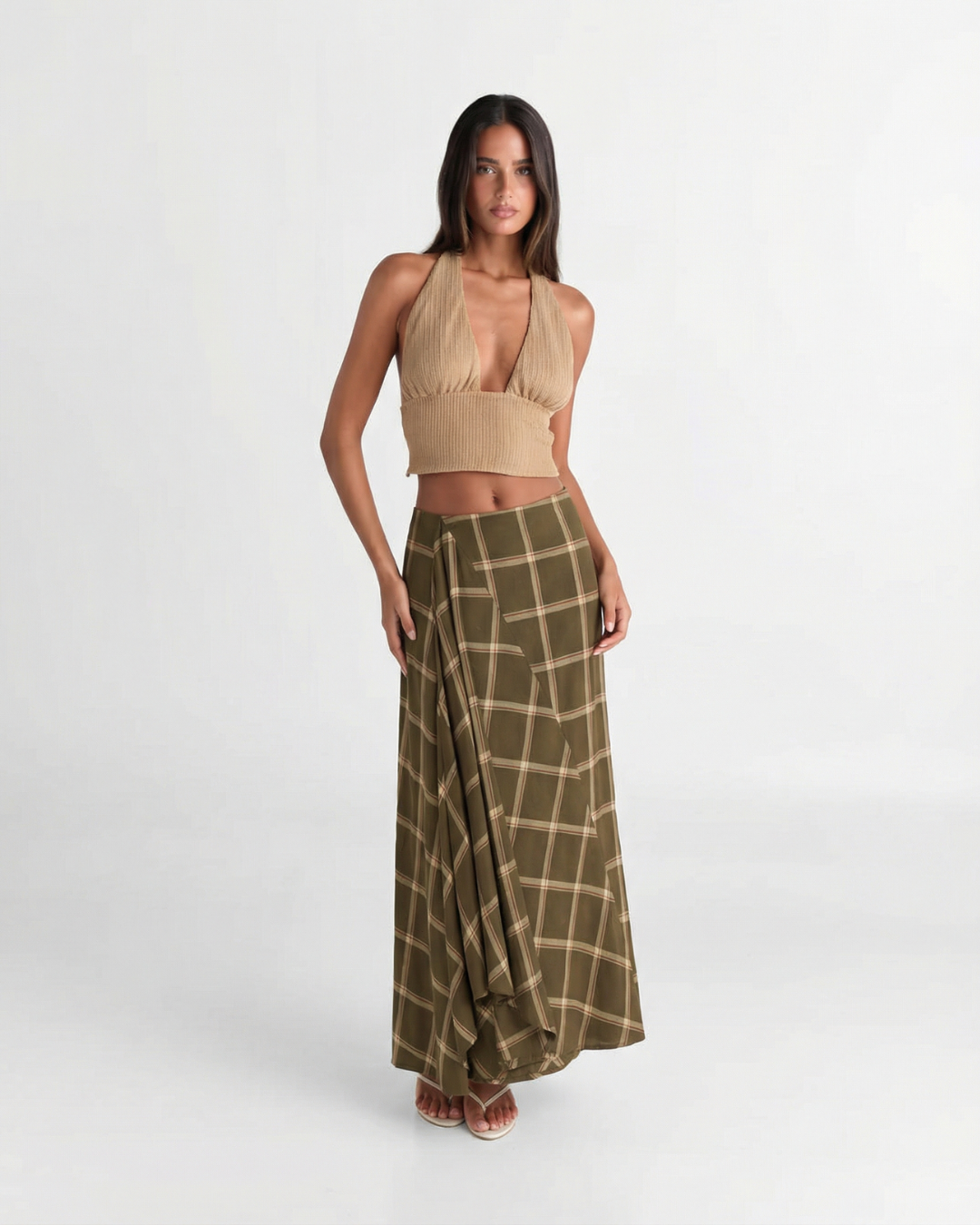 Darcy | Maxi Skirt Brown Check Wrap A Line