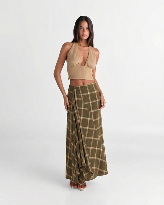 Darcy | Maxi Skirt Brown Check Wrap A Line