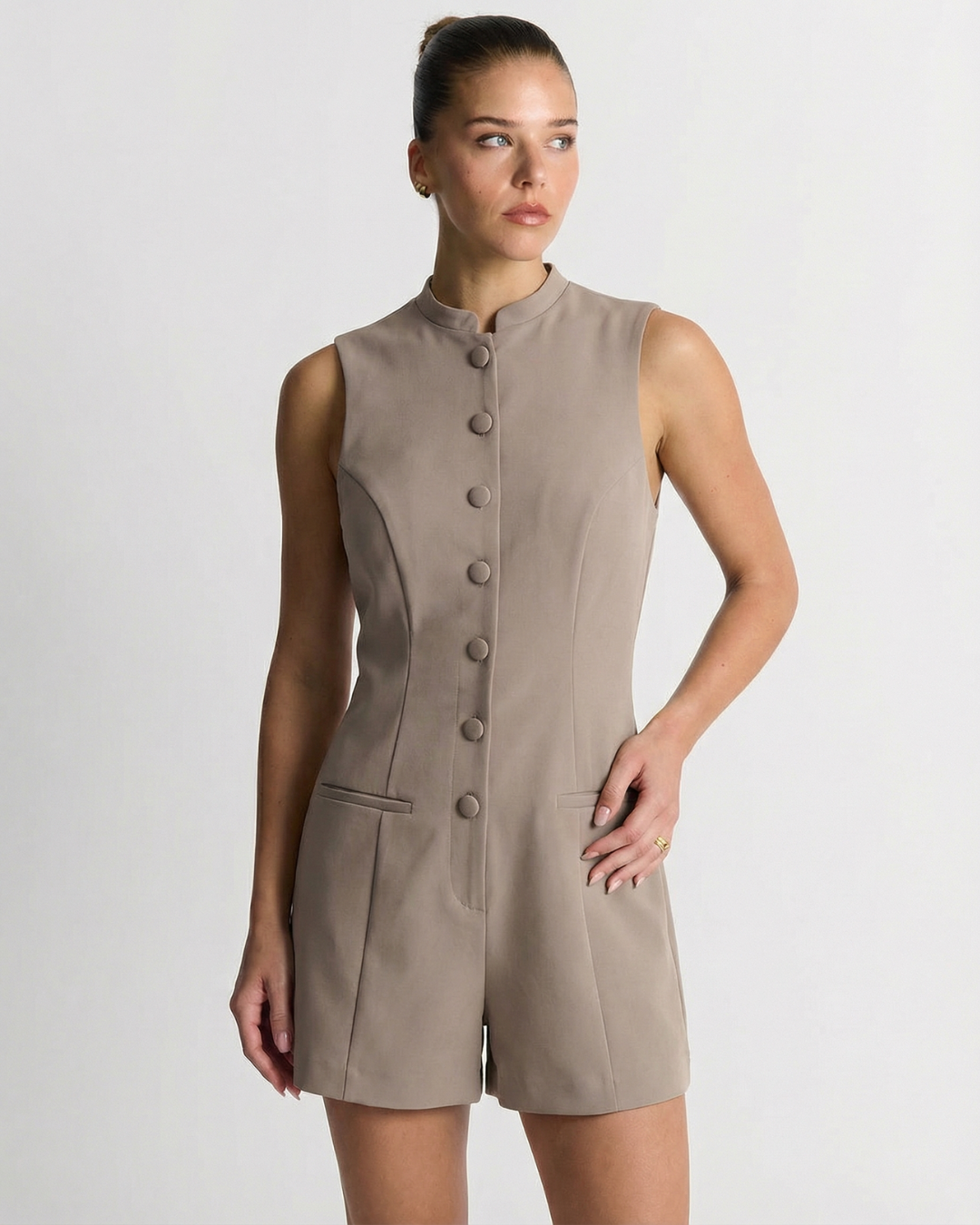 Esme | Smart Casual Sleeveless Playsuit Cream Button
short