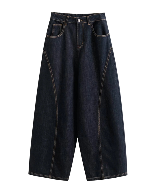 Margot | Wide Leg Jeans Dark Blue High Waisted Contrast Stitch