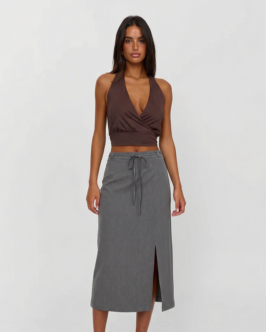 Nell | Midi Skirt Grey Drawstring Tailored Split