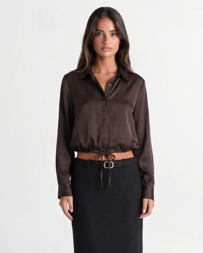 Coco | Elegant Satin Shirt Chocolate Brown