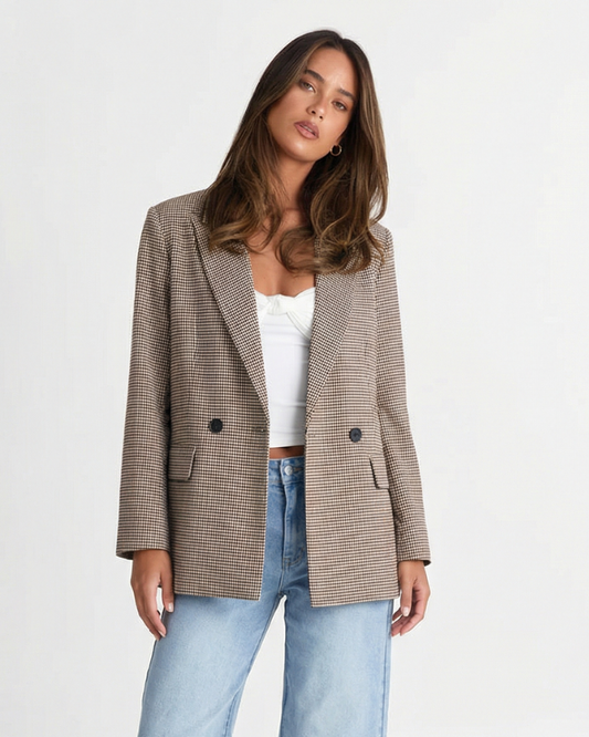 Margot | Houndstooth Double Breasted Blazer Beige Tailored
