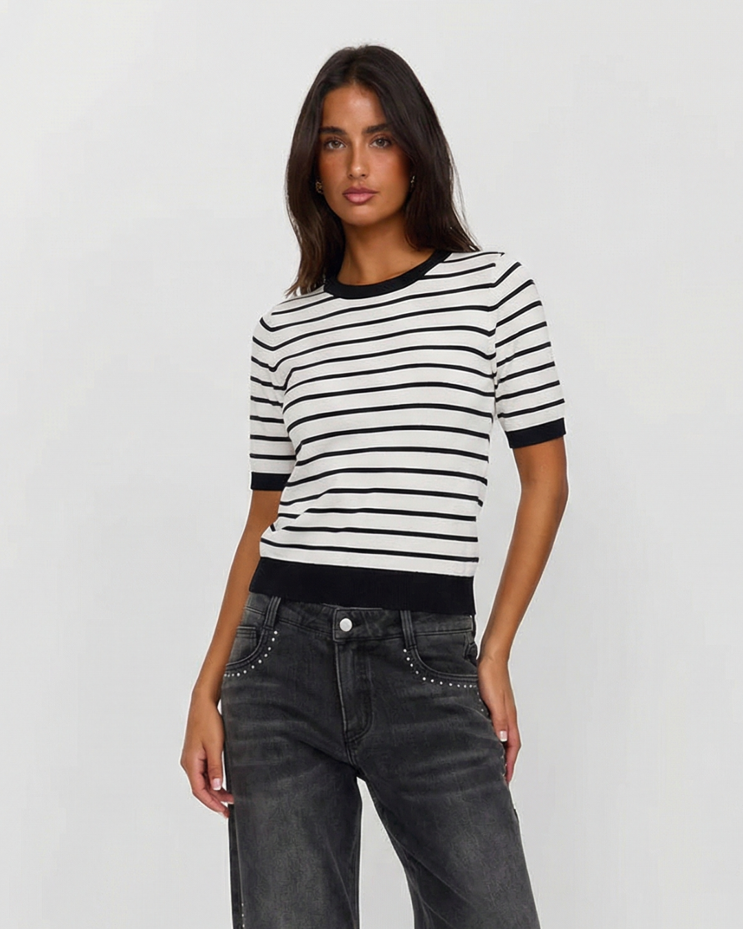 Rue | Striped Knitted Top Cream Black Short Sleeve Fitted
