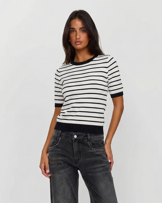 Margot | Striped Crew Neck T Shirt Cream Black Short Sleeve