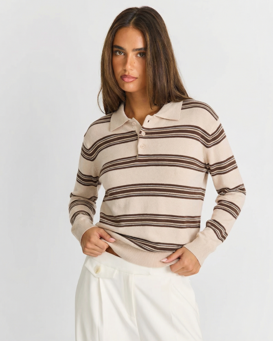 Grace | Classic Striped Knit Long Sleeve Polo Top