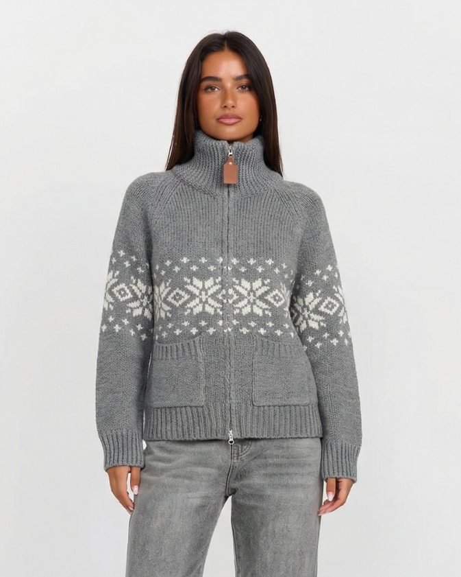 Lux | Winter Snowflake Zip Cardigan Grey White Knitted