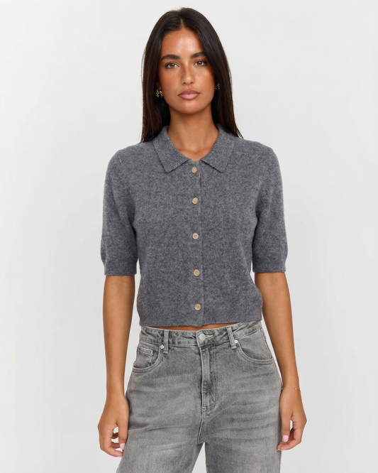 Ruby | Grey Cosy Short Sleeve Knit Polo Cardigan