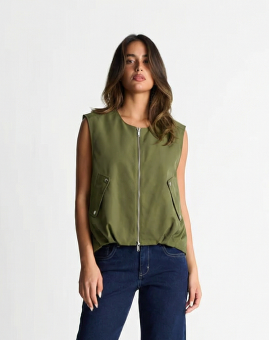 Thea | Utility Zip Vest Olive Green Sleeveless