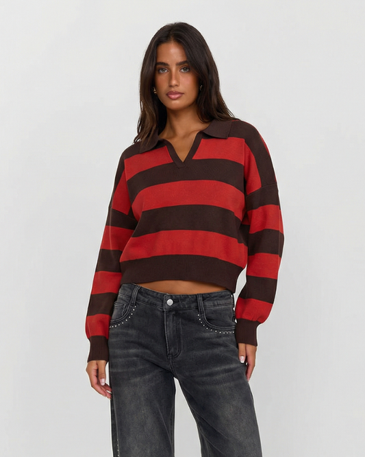 Phoebe | Red Cosy Striped Knit Polo Jumper