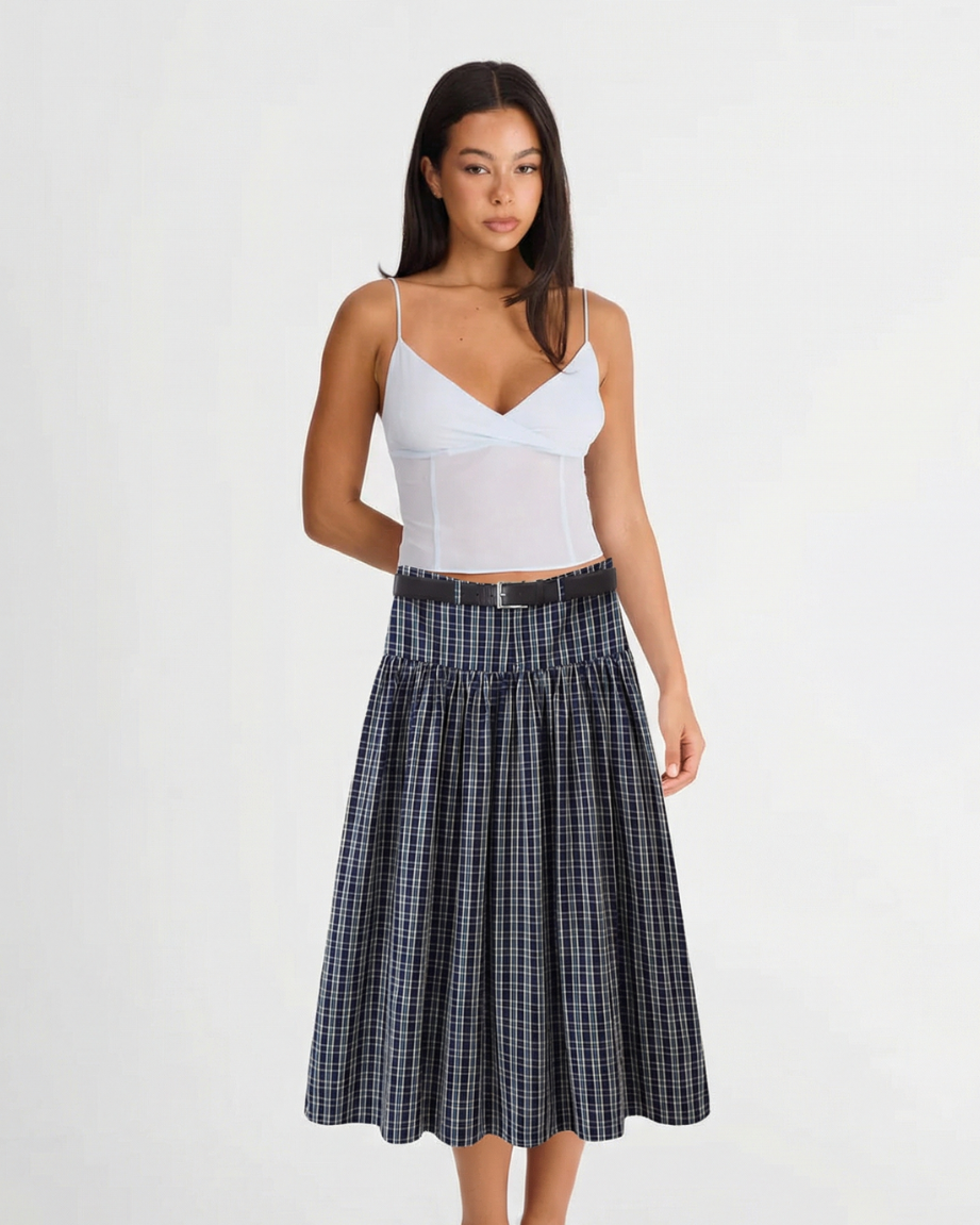 Zuri | Check Midi Skirt Navy Blue Pleated High Waisted A Line