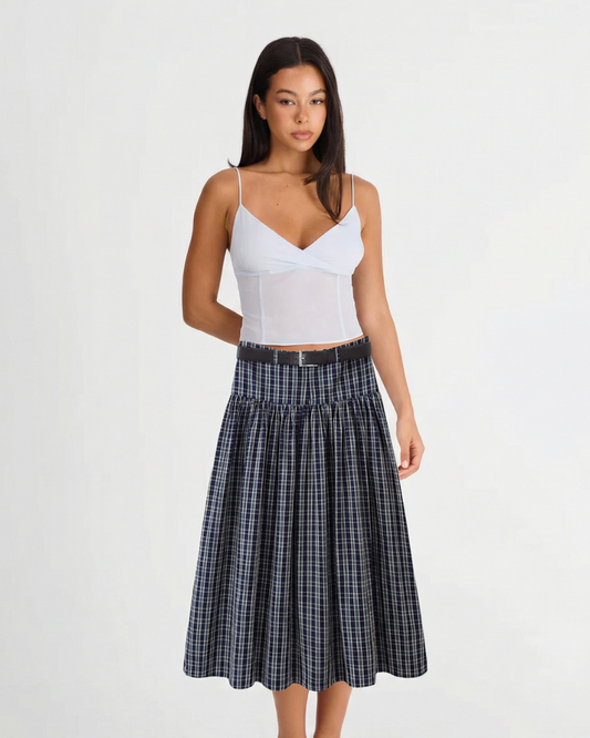 Zuri | Check Midi Skirt Navy Blue Pleated High Waisted A Line