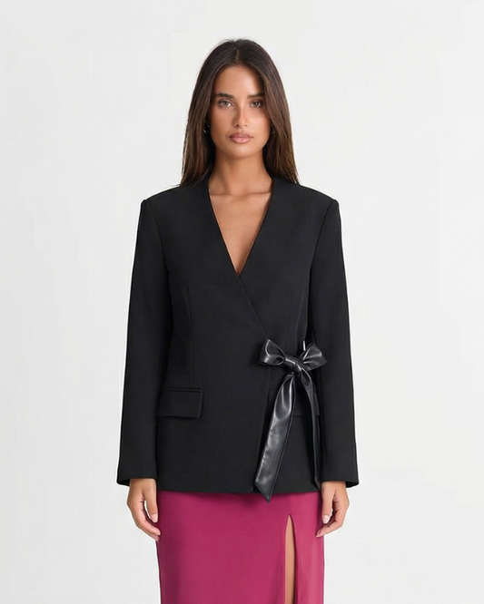Dina | Elegant Black Blazer Tie Front Detail