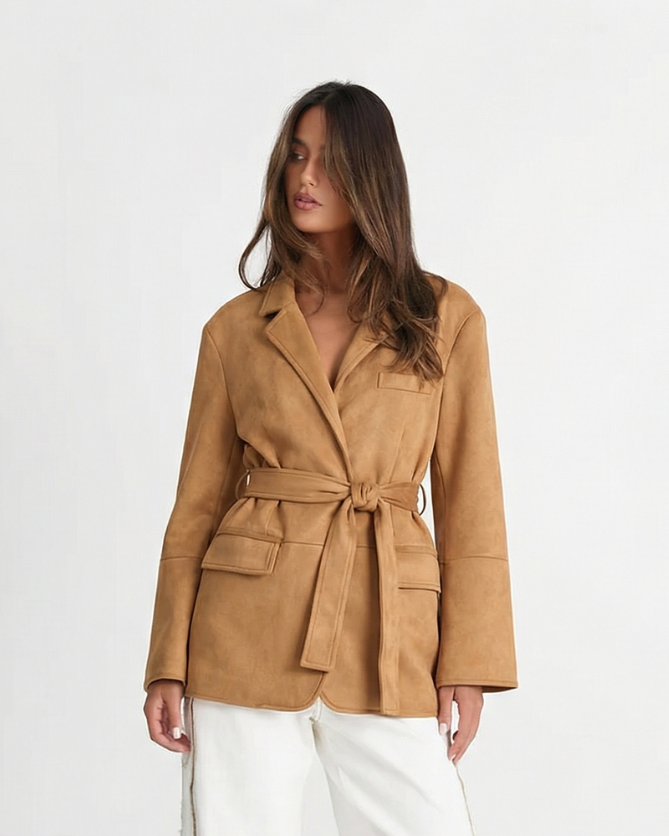 Margot | Belted Suede Blazer Tan Long Sleeve