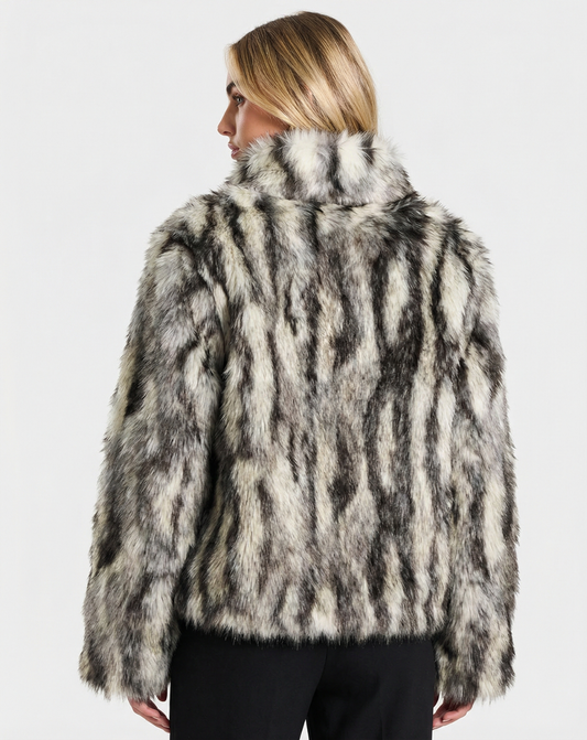 Vera | Faux Fur Coat Grey Black Leopard Print Cropped