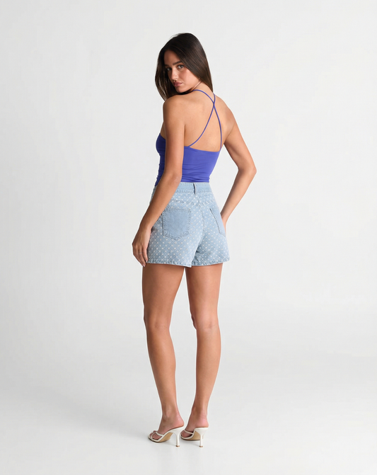 Maren | High Waisted Denim Shorts Light Blue Printed