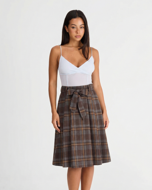 Hazel | Autumn Check Midi Skirt Brown Pleated Belted High Waisted