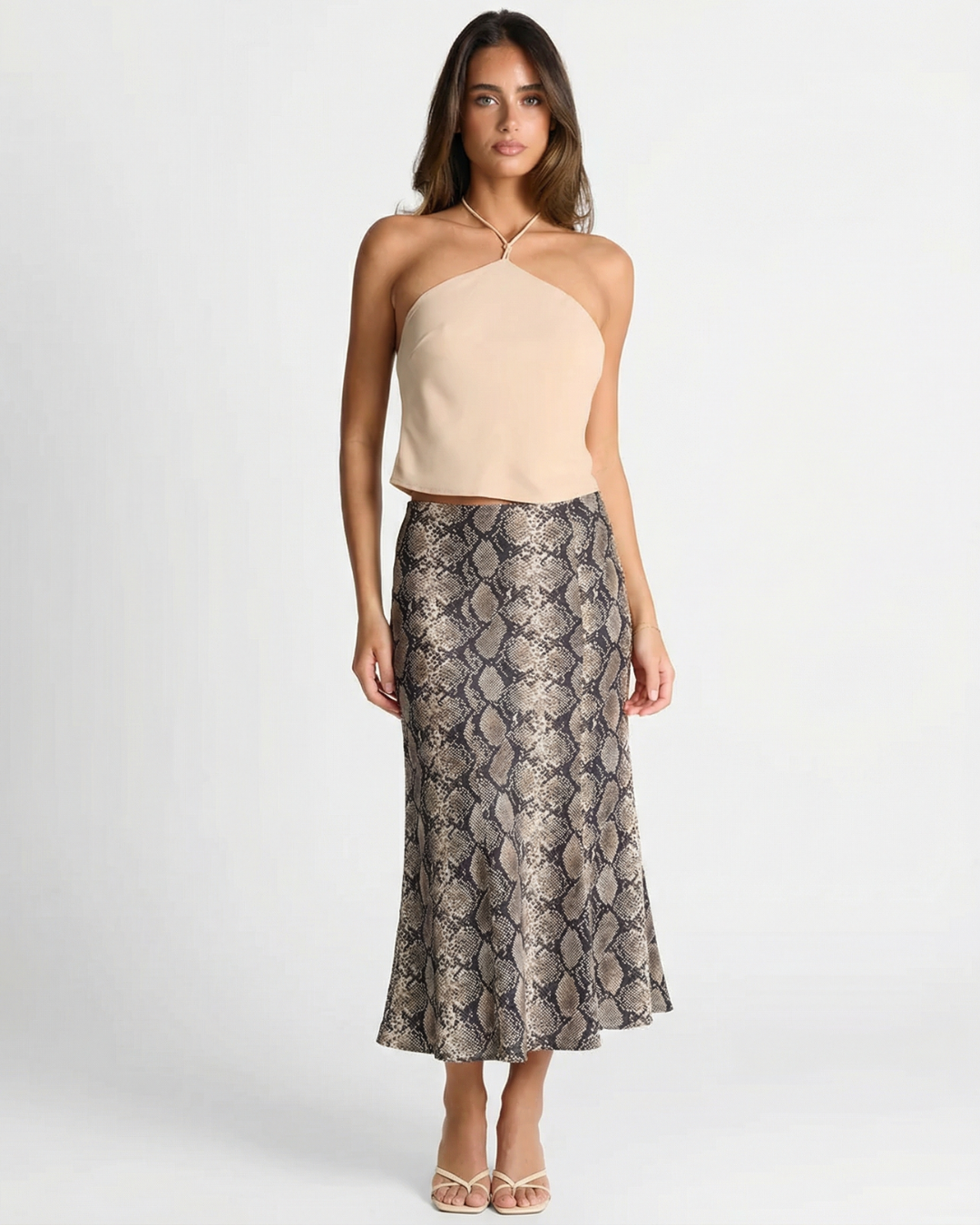 Vera | Snake Print Satin Midi Skirt Brown Bias Cut