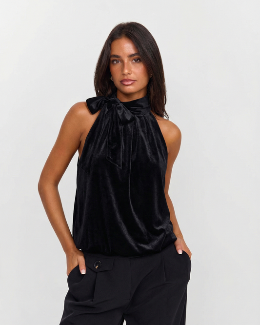 Hazel | Elegant Velvet Top Black Halter Neck Tie Sleeveless