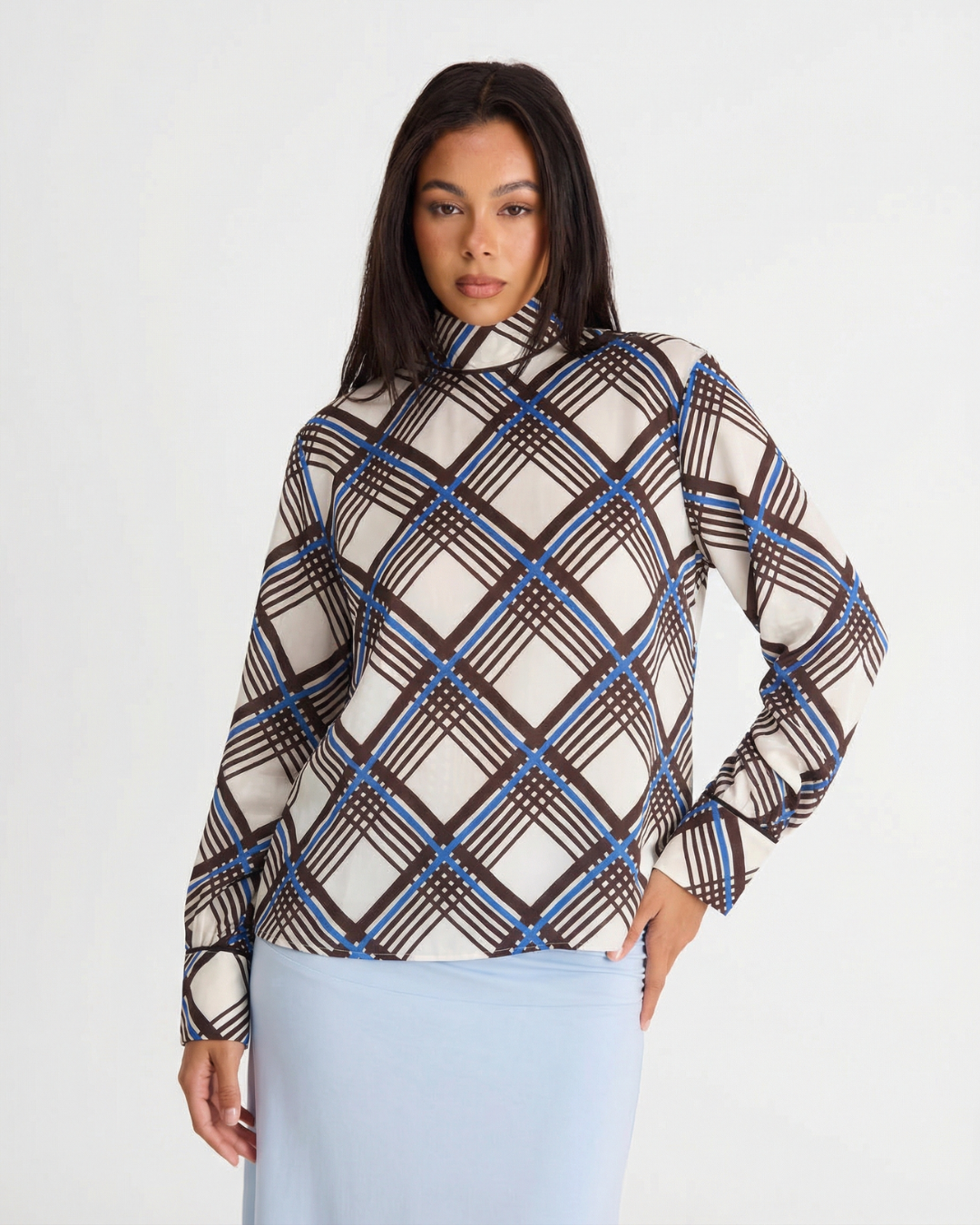 Nola | Plaid Long Sleeve Blouse Cream Blue Black