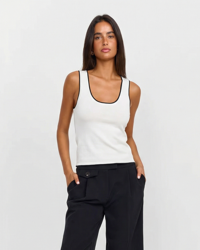 Wren | White Tank Top Black Contrast Trim Sleeveless Fitted