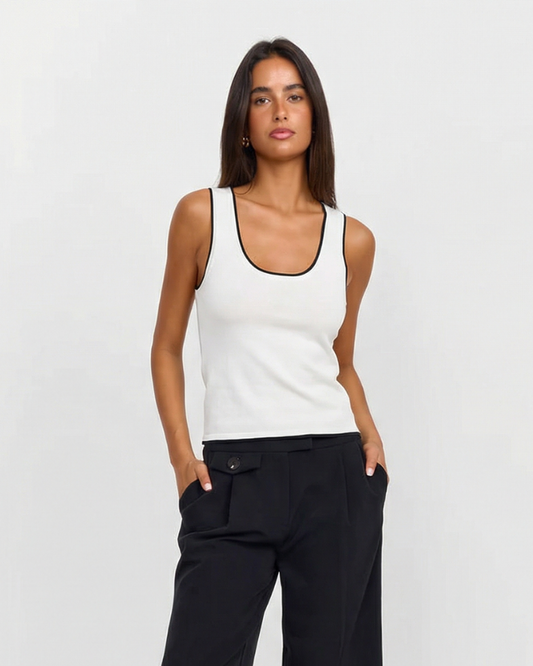 Wren | White Tank Top Black Contrast Trim Sleeveless Fitted